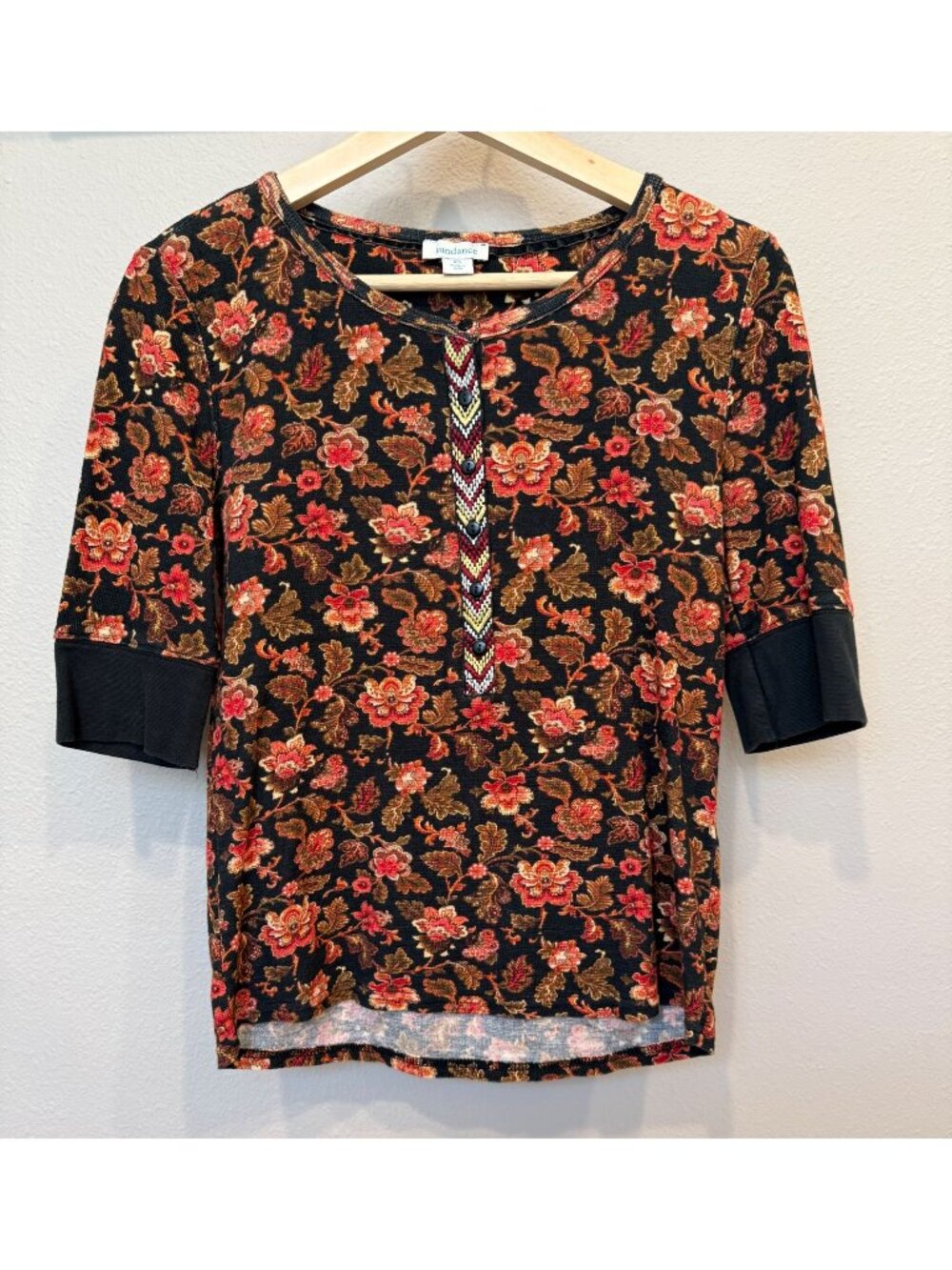 Sundance Women's Pullover Embroidered Floral Print Thermal Short Sleeve Top XS